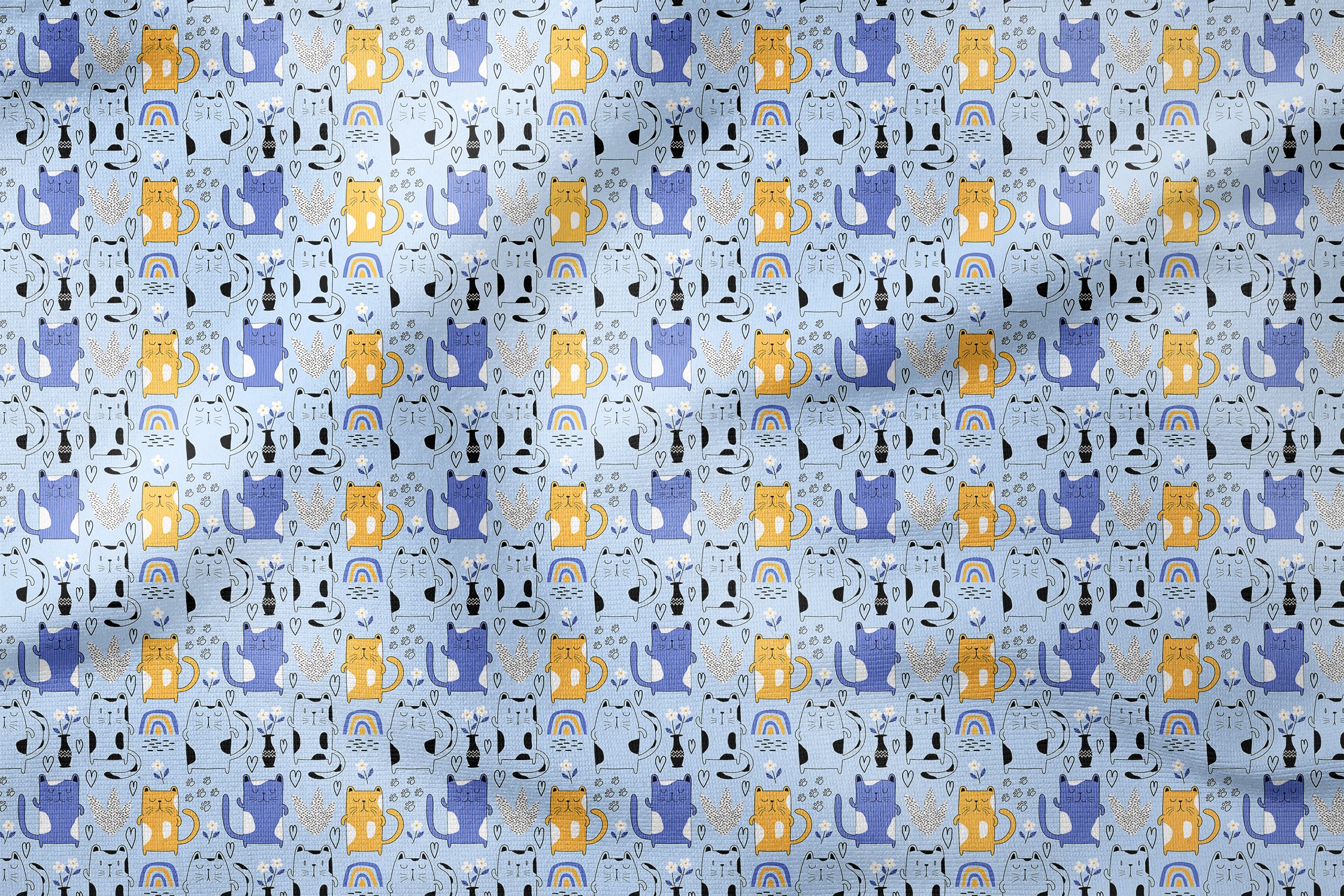 Colorful Cute Cat Fabric with Blue Background