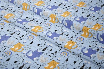 Colorful Cute Cat Fabric with Blue Background