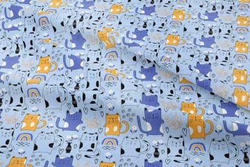 Colorful Cute Cat Fabric with Blue Background