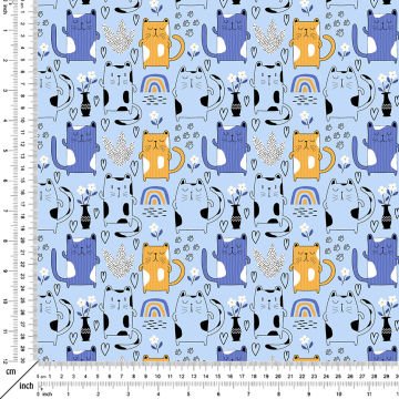Colorful Cute Cat Fabric with Blue Background