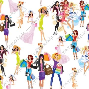 Shopping Woman Patterned Fabric on White Background-F6548