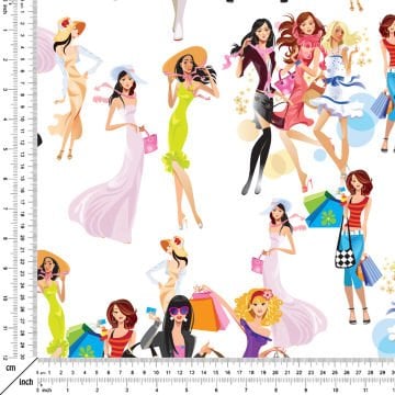 Beyaz Zemin Üzerine Alışveriş Yapan Kadın Desenli Kumaş-F6548