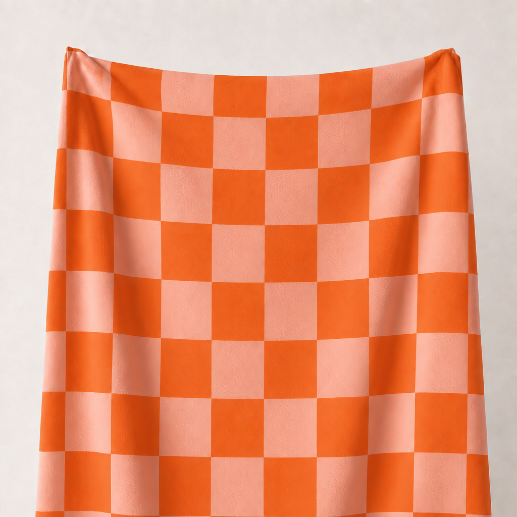 Turuncu ve Şeftali Damalı Kumaş – 2x2 cm Kare Desenli Petek Dokulu Polyester Kumaş
