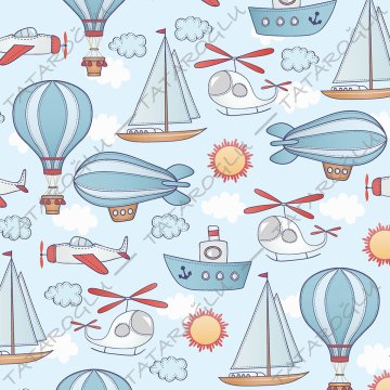 Mavi Zemin Üzerine Gemi, Helikopter, Uçan Balon Desenli Kumaş-B2356
