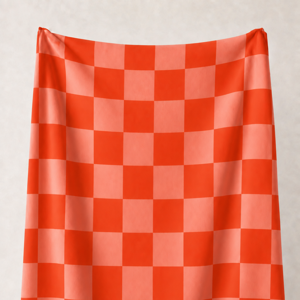 Turuncu ve Somon Damalı Kumaş – 2x2 cm Kare Desenli Petek Dokulu Polyester Kumaş