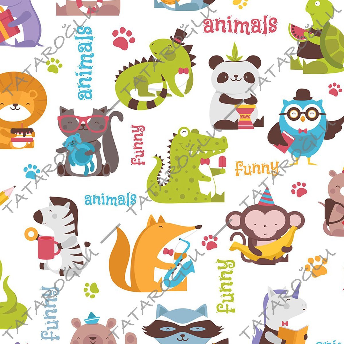 Beyaz Zemin Üzerine Sevimli Hayvan Desenli Dijital Baskılı Kumaş-KR4773