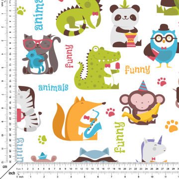 Beyaz Zemin Üzerine Sevimli Hayvan Desenli Dijital Baskılı Kumaş-KR4773