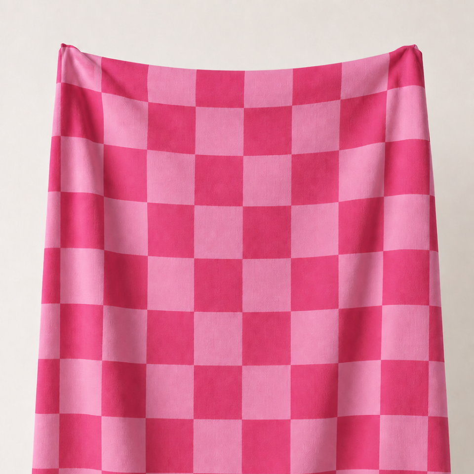 Koyu Pembe ve Orkide Pembe Damalı Kumaş – 2x2 cm Kare Desenli Petek Dokulu Polyester Kumaş