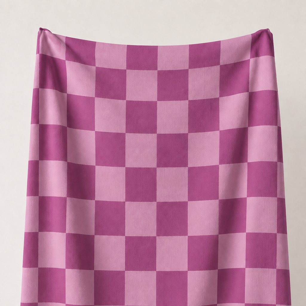 Mürdüm ve Pudra Pembe Damalı Kumaş – 2x2 cm Kare Desenli Petek Dokulu Polyester Kumaş