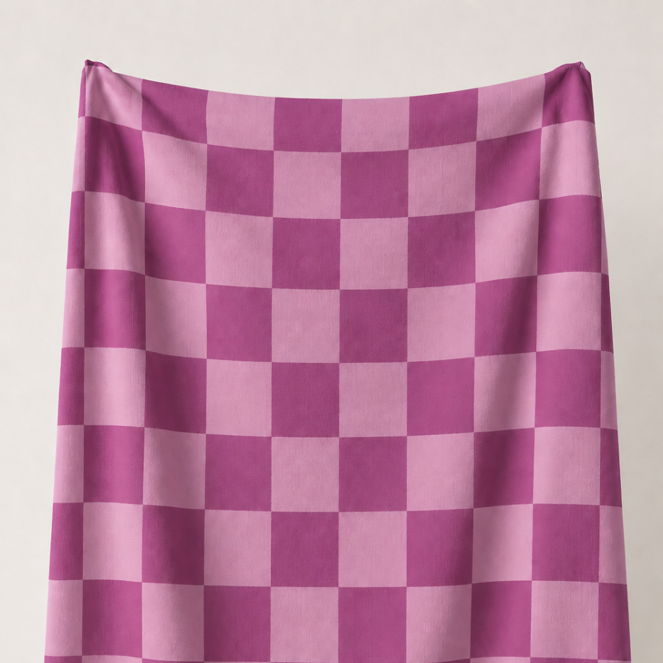 Mürdüm ve Pudra Pembe Damalı Kumaş – 2x2 cm Kare Desenli Petek Dokulu Polyester Kumaş