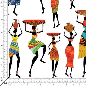 Beyaz Zemin Üzerine Afrikalı Kadınlar Desenli Dijital Baskılı Kumaş-A1572