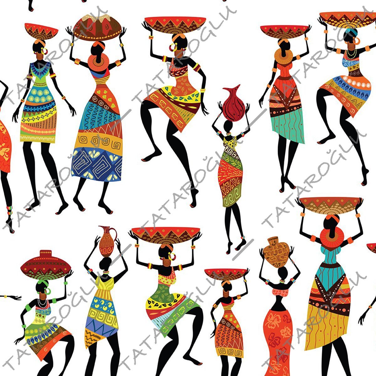 Beyaz Zemin Üzerine Afrikalı Kadınlar Desenli Dijital Baskılı Kumaş-A1572