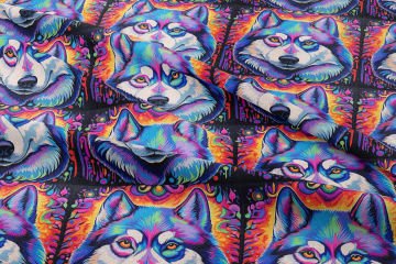 Renkli İllüstrasyon Kurt Köpeği Desenli Dijital Baskılı Tasarım Kumaş