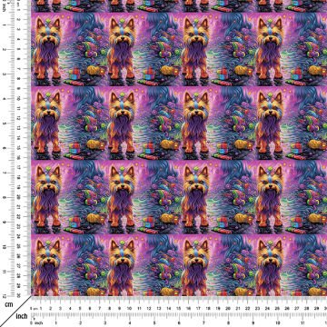 Renkli İllüstrasyon Yorkshire Terrier Desenli Dijital Baskılı Tasarım Kumaş