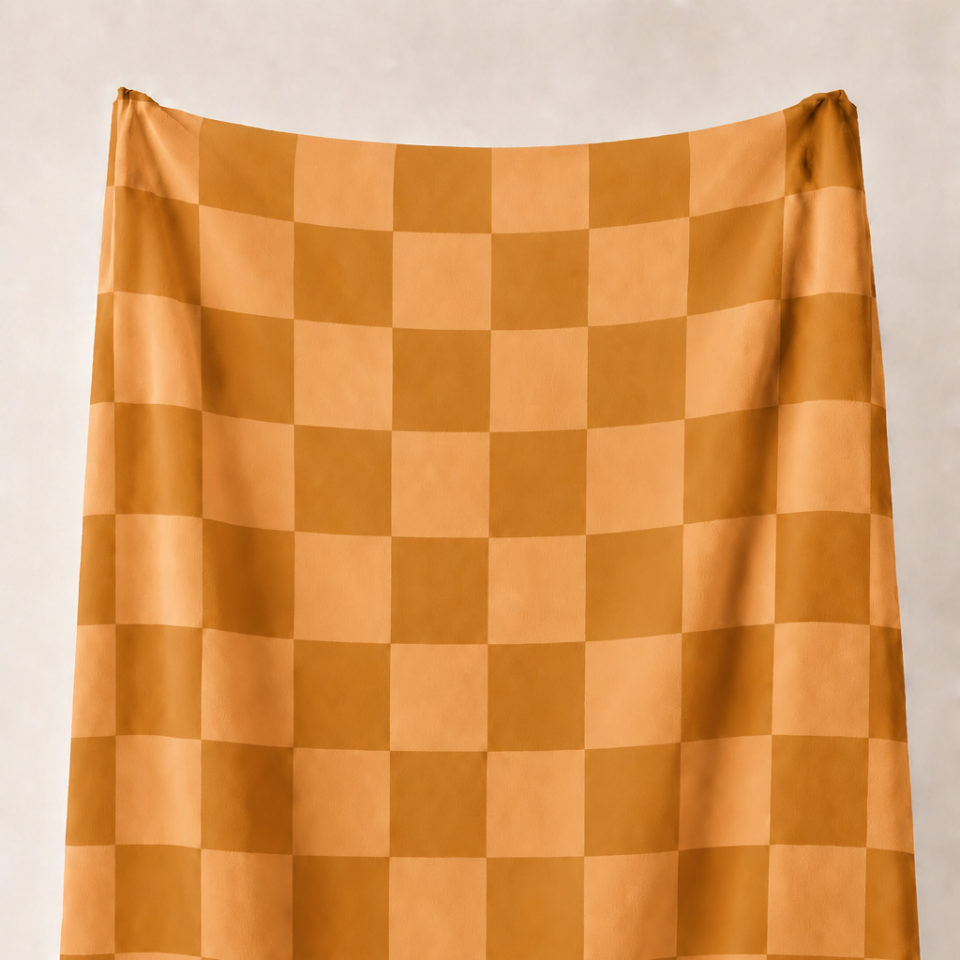 Hardal ve Şeftali Damalı Kumaş – 2x2 cm Kare Desenli Petek Dokulu Polyester Kumaş