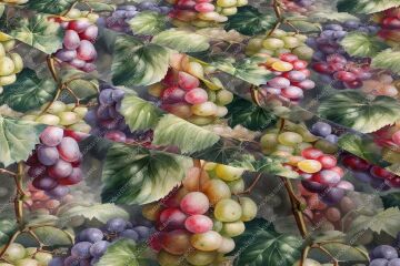 Renkli Üzüm Salkımları Desenli Dijital Baskılı Dekoratif Polyester Kumaş