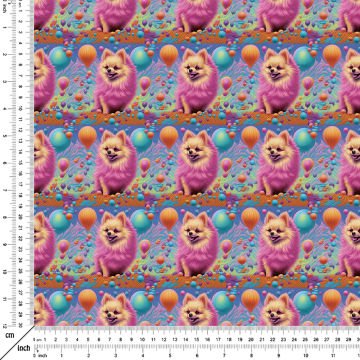 Renkli İllüstrasyon Pomeranian Desenli Dijital Baskılı Tasarım Kumaş
