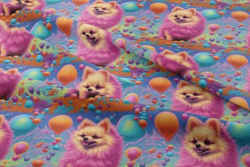 Renkli İllüstrasyon Pomeranian Desenli Dijital Baskılı Tasarım Kumaş