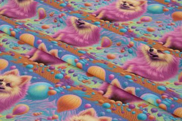 Renkli İllüstrasyon Pomeranian Desenli Dijital Baskılı Tasarım Kumaş
