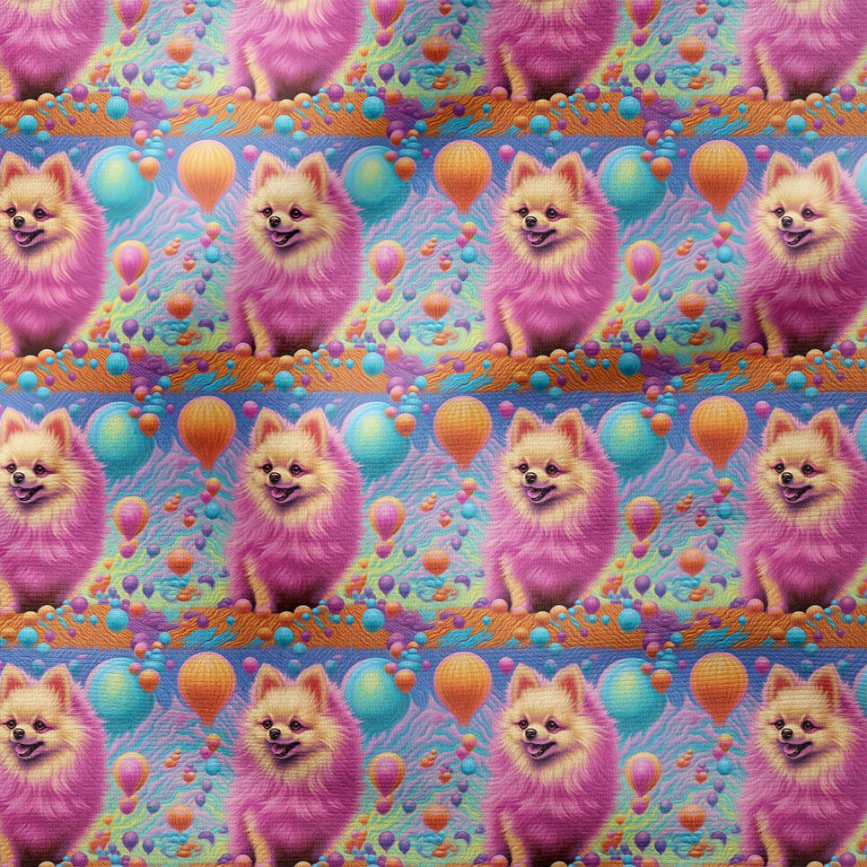 Renkli İllüstrasyon Pomeranian Desenli Dijital Baskılı Tasarım Kumaş