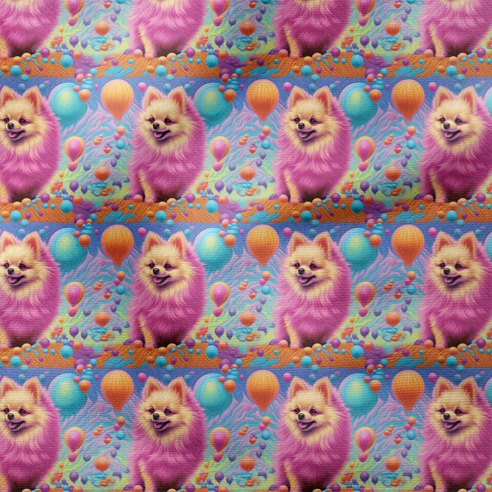 Renkli İllüstrasyon Pomeranian Desenli Dijital Baskılı Tasarım Kumaş