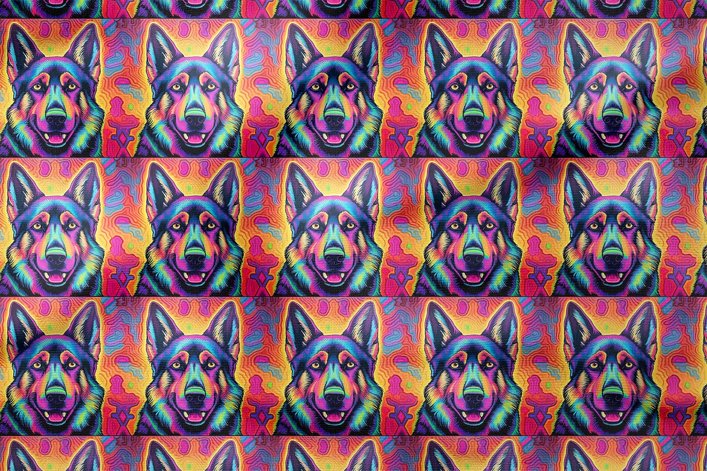 Renkli İllüstrasyon Alman Çoban Köpeği Desenli Dijital Baskılı Tasarım Kumaş