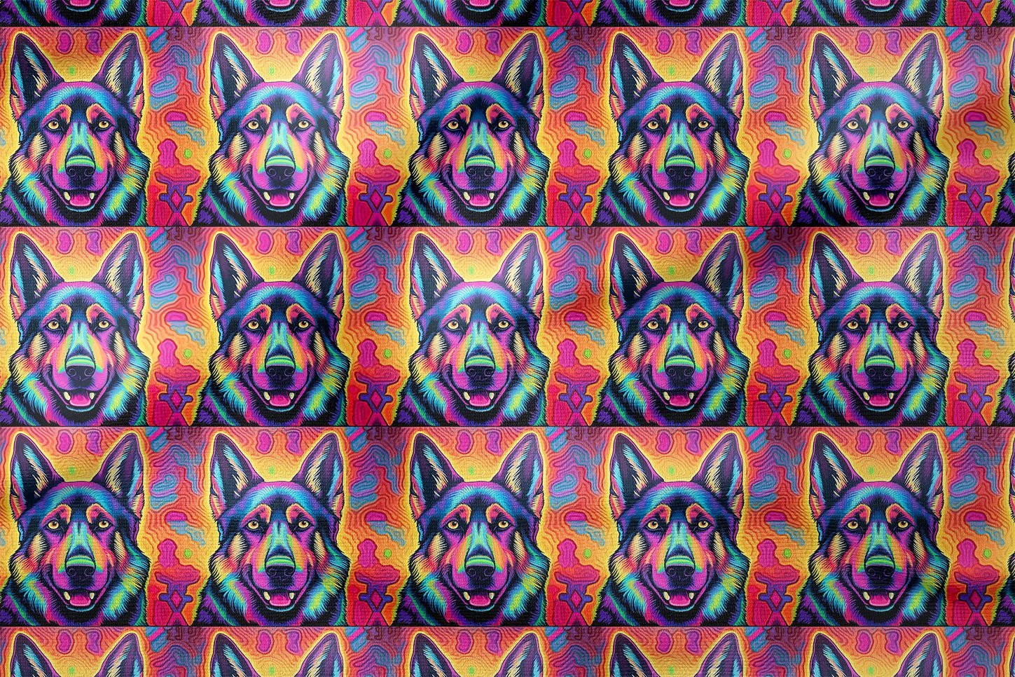 Renkli İllüstrasyon Alman Çoban Köpeği Desenli Dijital Baskılı Tasarım Kumaş