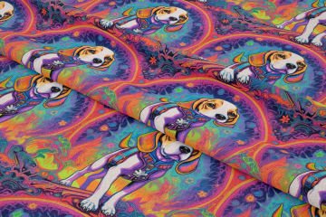 Renkli İllüstrasyon Beagle Desenli Dijital Baskılı Tasarım Kumaş