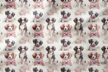 Sevimli Kurdelalı Köpekli Dijital Baskılı Tasarım Kumaş