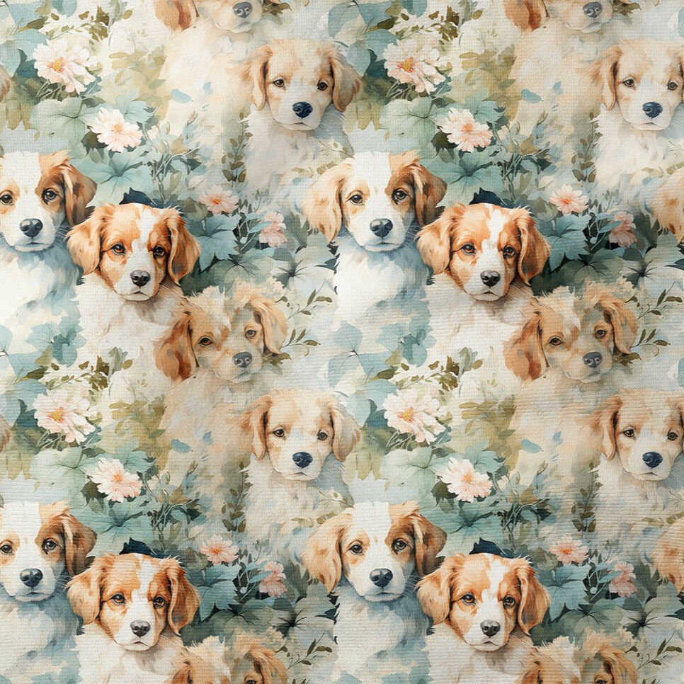 Çiçekler Arasında Spaniel Köpekli Dijital Baskılı Tasarım Kumaş