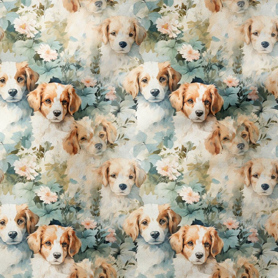 Çiçekler Arasında Spaniel Köpekli Dijital Baskılı Tasarım Kumaş