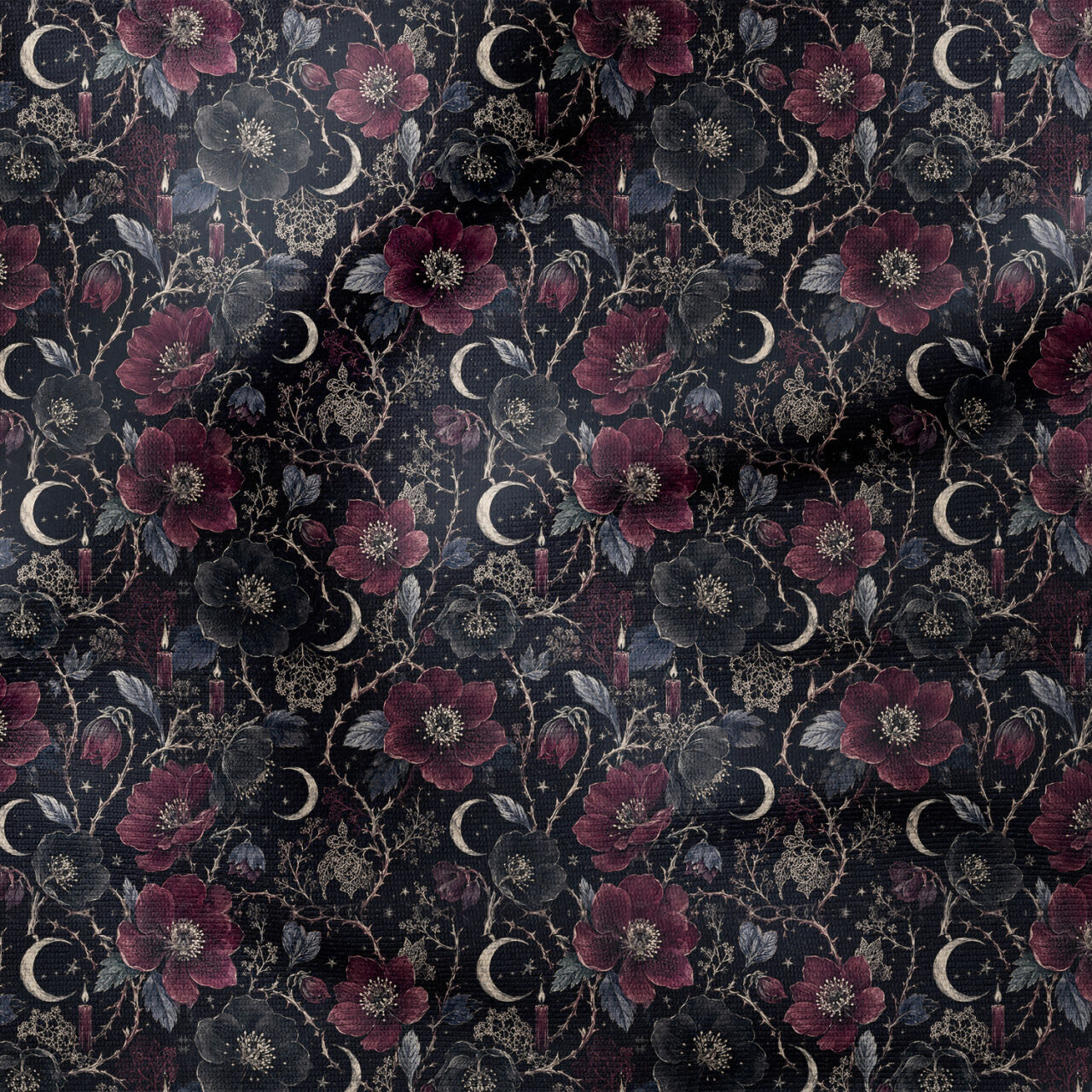 Gece Bahçesi Ay Çiçeği Kumaşı – Bordo Siyah Gotik Floral Desen