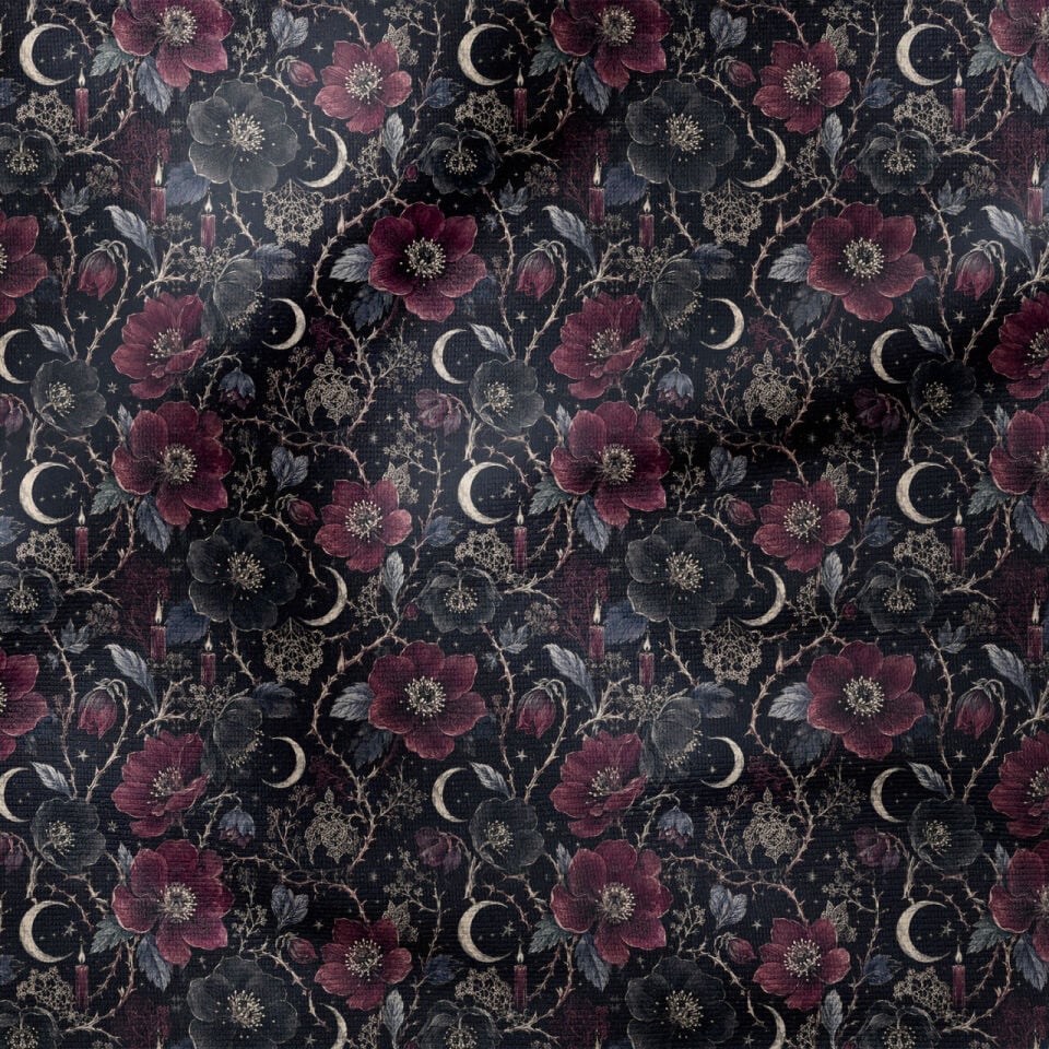 Gece Bahçesi Ay Çiçeği Kumaşı – Bordo Siyah Gotik Floral Desen