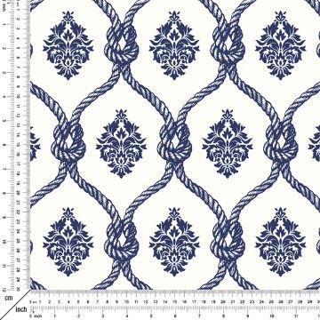 Beyaz Zemin Üzerine Mavi Halatlı Damask Desenli Kumaş