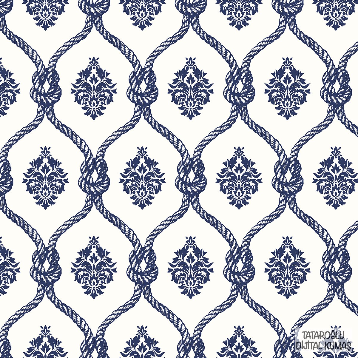 Beyaz Zemin Üzerine Mavi Halatlı Damask Desenli Kumaş