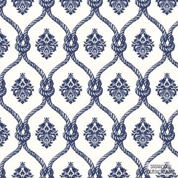 Beyaz Zemin Üzerine Mavi Halatlı Damask Desenli Kumaş