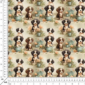 Çiçek ve Saksılar Arasında Spaniel Köpekli Dijital Baskılı Tasarım Kumaş