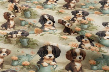 Çiçek ve Saksılar Arasında Spaniel Köpekli Dijital Baskılı Tasarım Kumaş