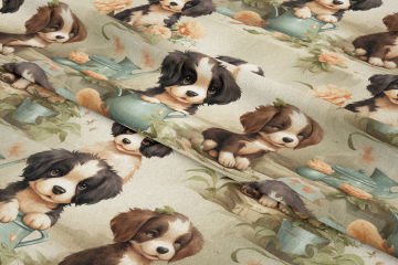 Çiçek ve Saksılar Arasında Spaniel Köpekli Dijital Baskılı Tasarım Kumaş