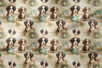Digital Printed Design Fabric with Spaniel Dog Among Flowers and Pots