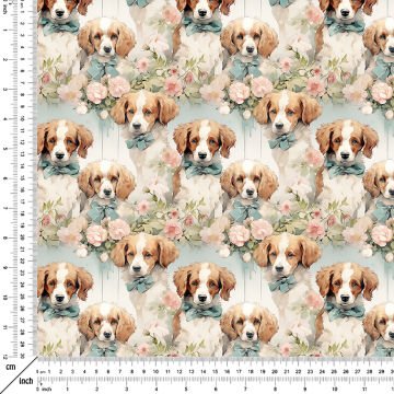 Çiçek ve Kurdelalı Spaniel Köpekli Dijital Baskılı Tasarım Kumaş
