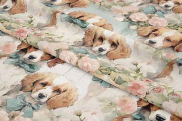 Çiçek ve Kurdelalı Spaniel Köpekli Dijital Baskılı Tasarım Kumaş