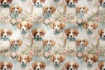 Çiçek ve Kurdelalı Spaniel Köpekli Dijital Baskılı Tasarım Kumaş
