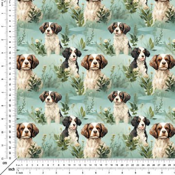 Yapraklar Arasında Spaniel Köpekli Dijital Baskılı Tasarım Kumaş
