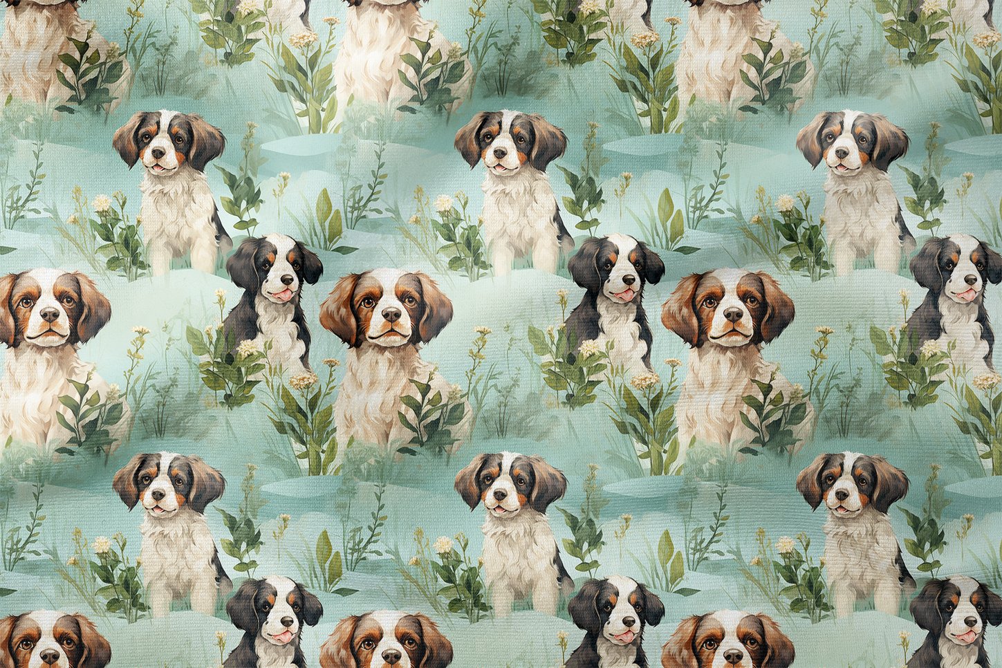 Yapraklar Arasında Spaniel Köpekli Dijital Baskılı Tasarım Kumaş