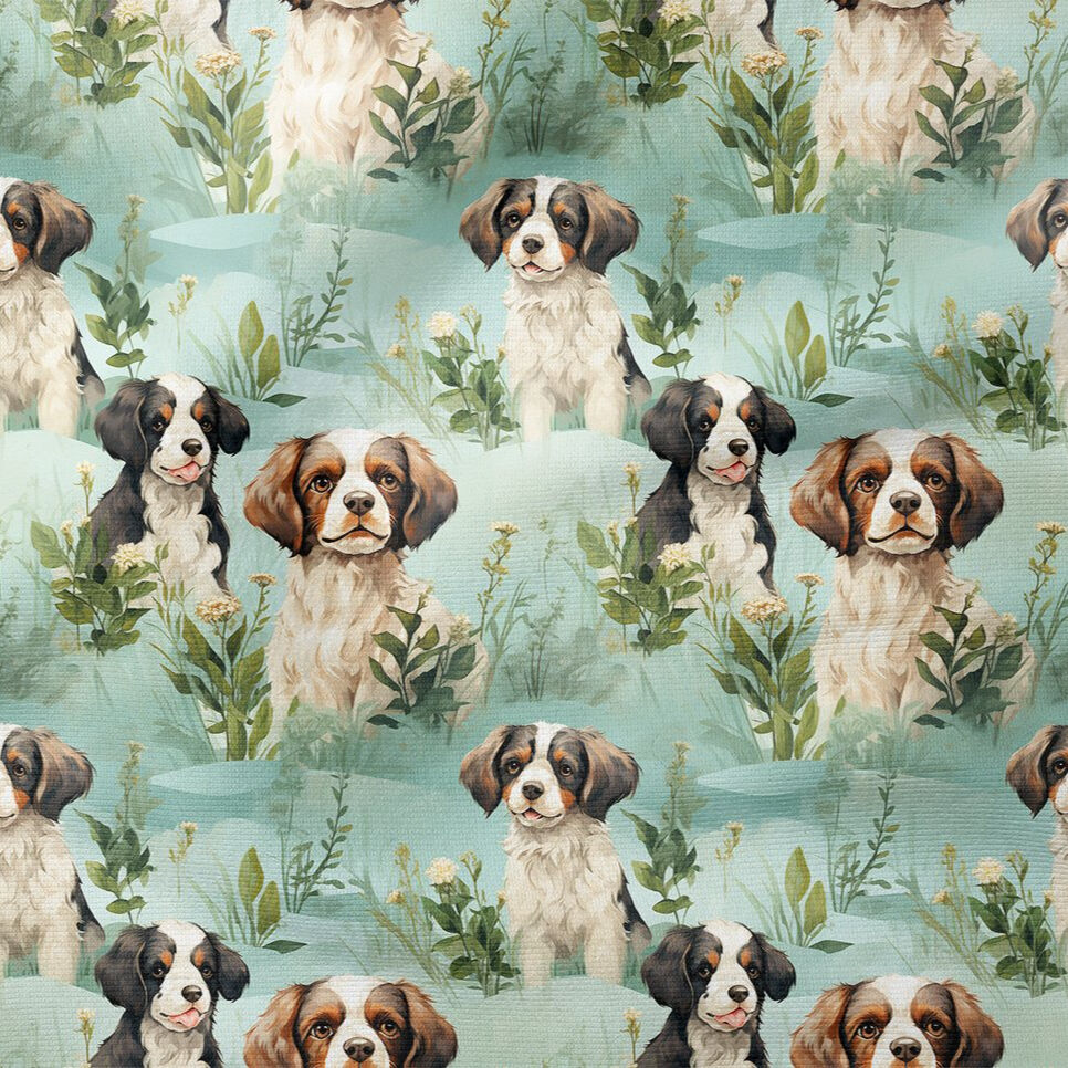 Yapraklar Arasında Spaniel Köpekli Dijital Baskılı Tasarım Kumaş