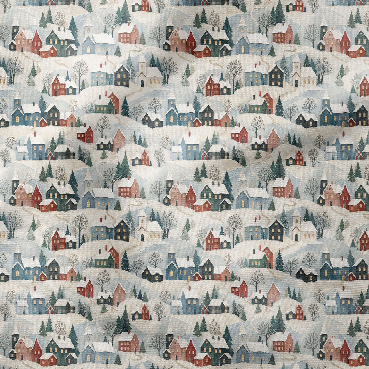 Karlı Köy Yılbaşı Kumaşı – Vintage Winter Village Deseni