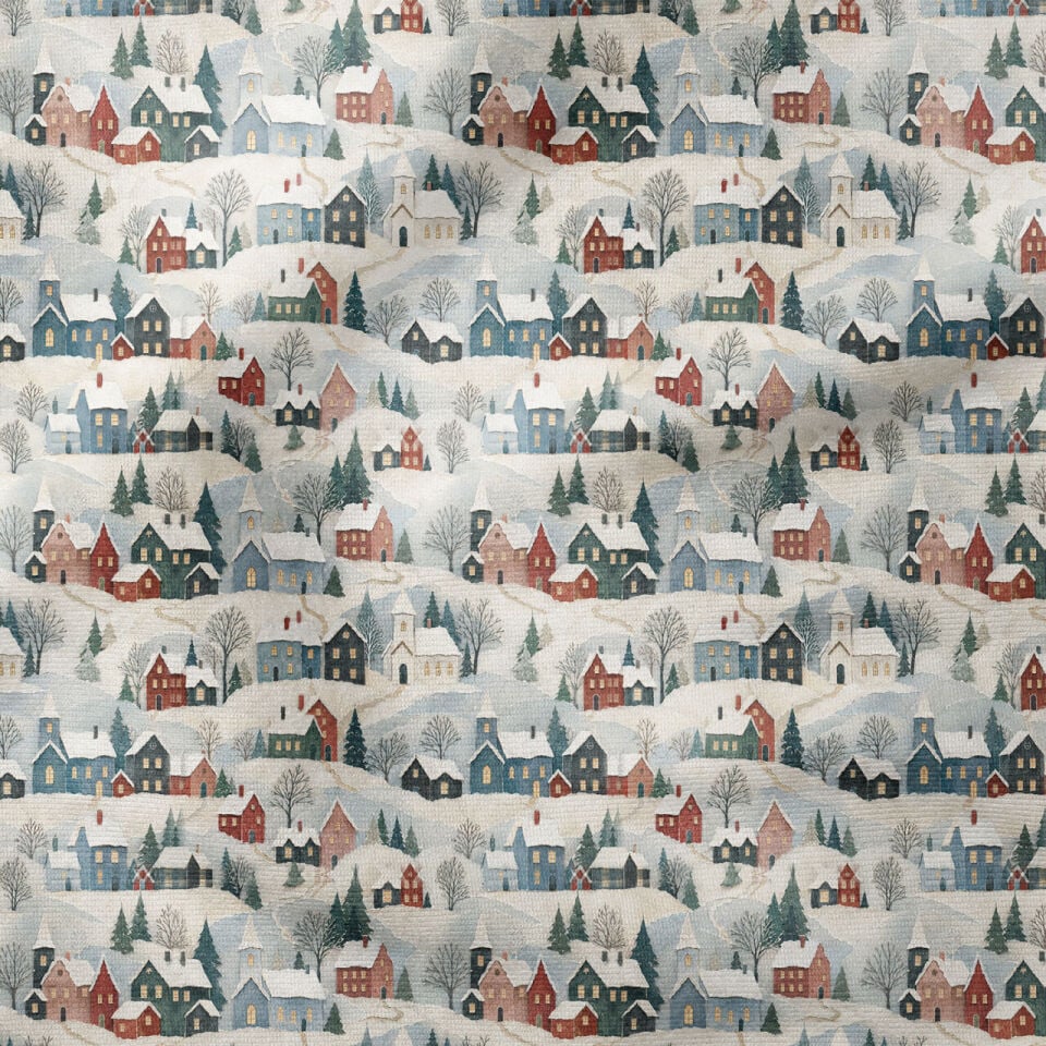 Karlı Köy Yılbaşı Kumaşı – Vintage Winter Village Deseni