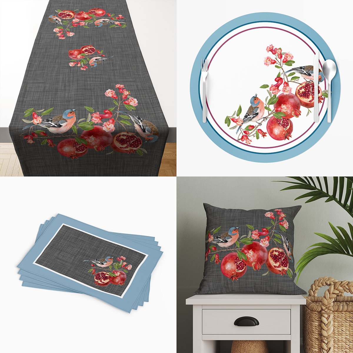 Gri Keten Efektli Zemin Üzerine Narlı, Kuşlu, Çiçekler