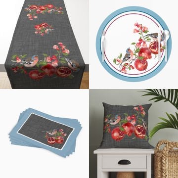 Pomegranate, Bird, Flowers on Gray Linen Effect Background